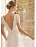 Cap Sleeves Ivory Lace Chiffon Wedding Dress With Detachable Train